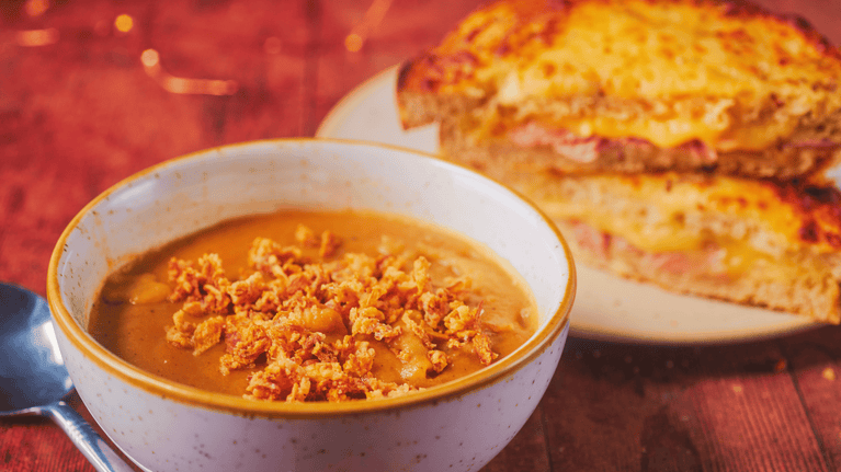 A bowl of pumpkin soup, served with a cheese and ham toastie, one of the autumn specials at the Giant's Causeway Visitor Centre Café